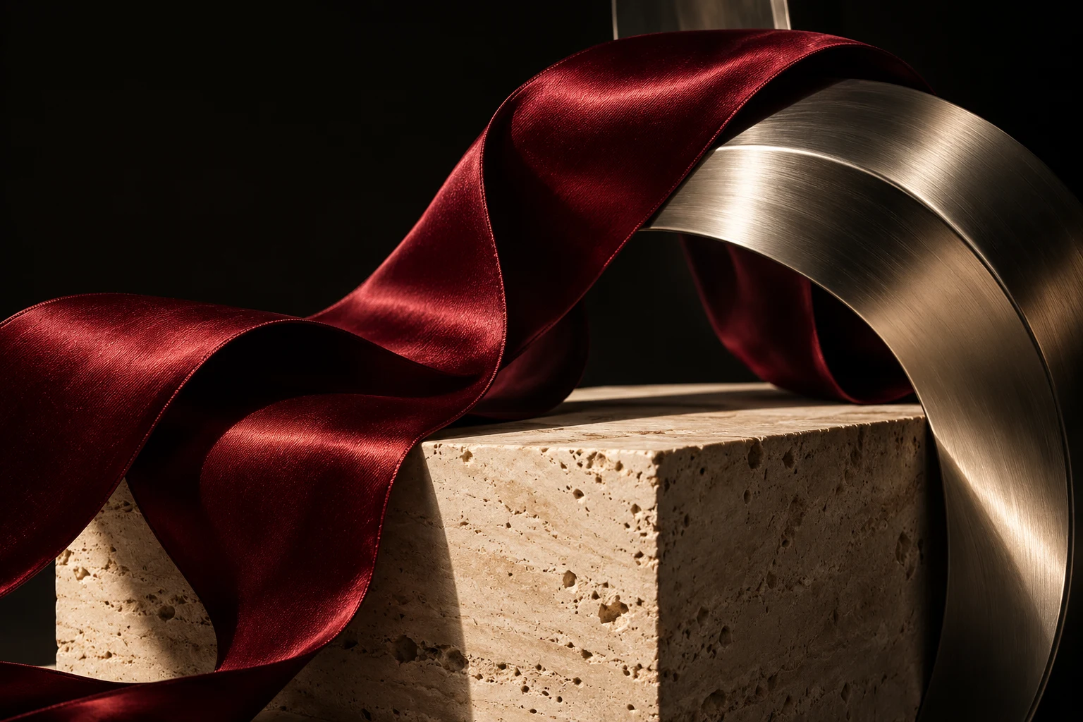 Composition artistique de satin bordeaux, de métal et de pierre